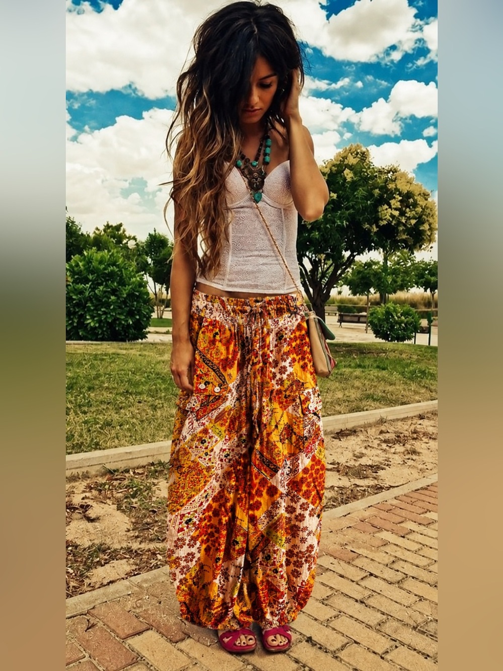 Christian Siriano Orange Floral Patchwork Wide-Leg Pants